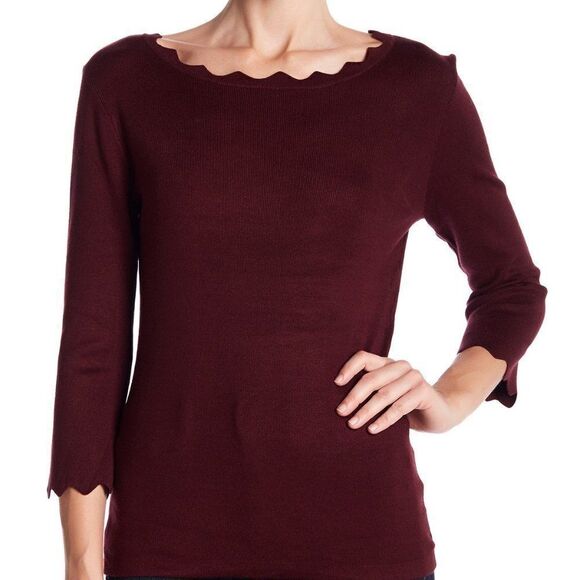 Scalloped Burgundy Sweater 3/4 sleeves sz S - Picture 1 of 7